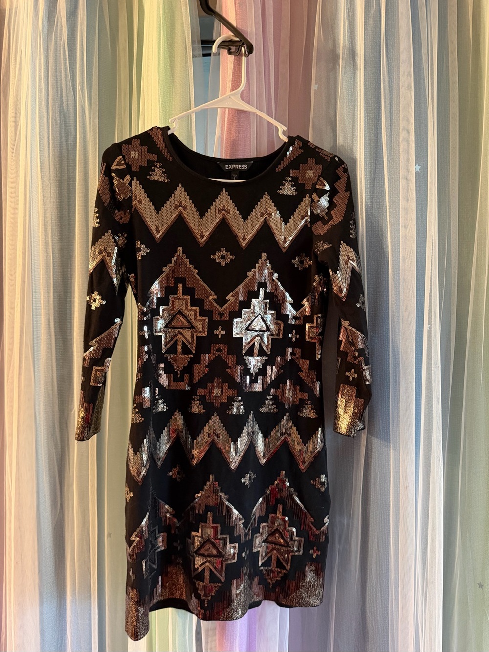 Express Black Sequin Chevron Long Sleeve Dress